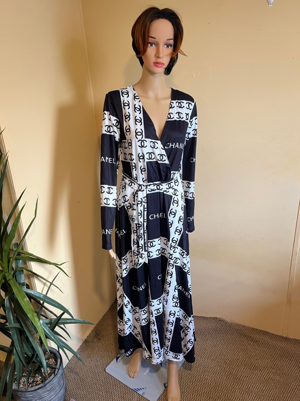 CHANEL Black and White Logo Maxi Wrap Dress